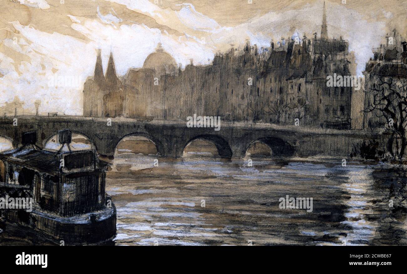 'Seine River in Paris', 20th Century Artist: Paul Ambroise Valery. Paul Valery was a French author and Symbolist poet, he also wrote essays and aphorisms on art, history, letters, music, and current events. Stock Photo