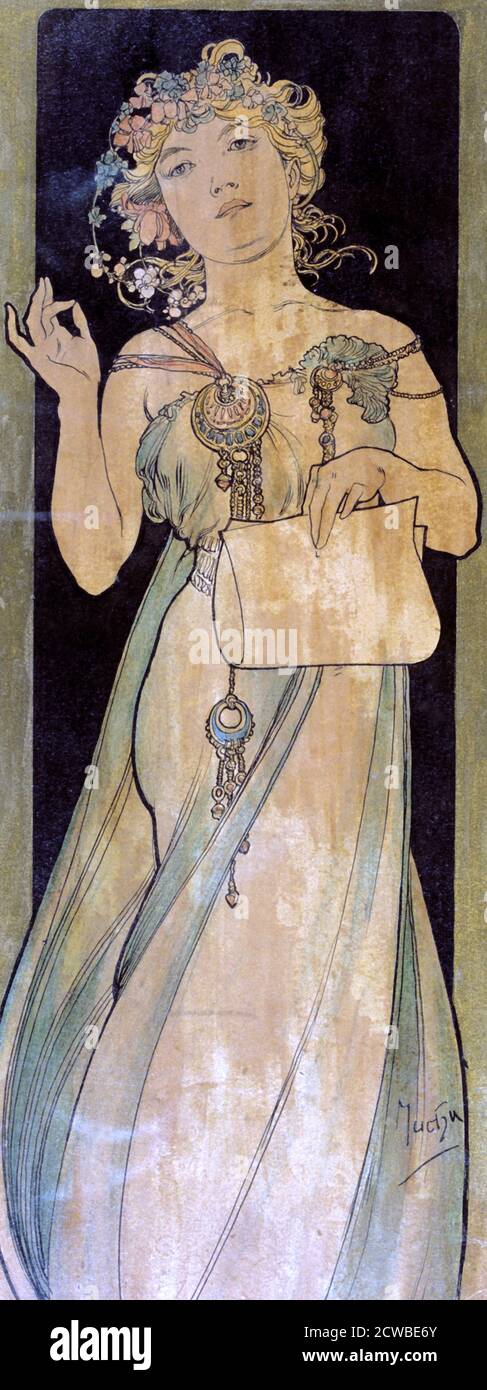 Portrait of a Woman', c1900-1939 Artist: Alphonse Mucha. Mucha developed his own personal style characterized by art nouveau elements, tender colours and Byzantine decorative elements. Stock Photo