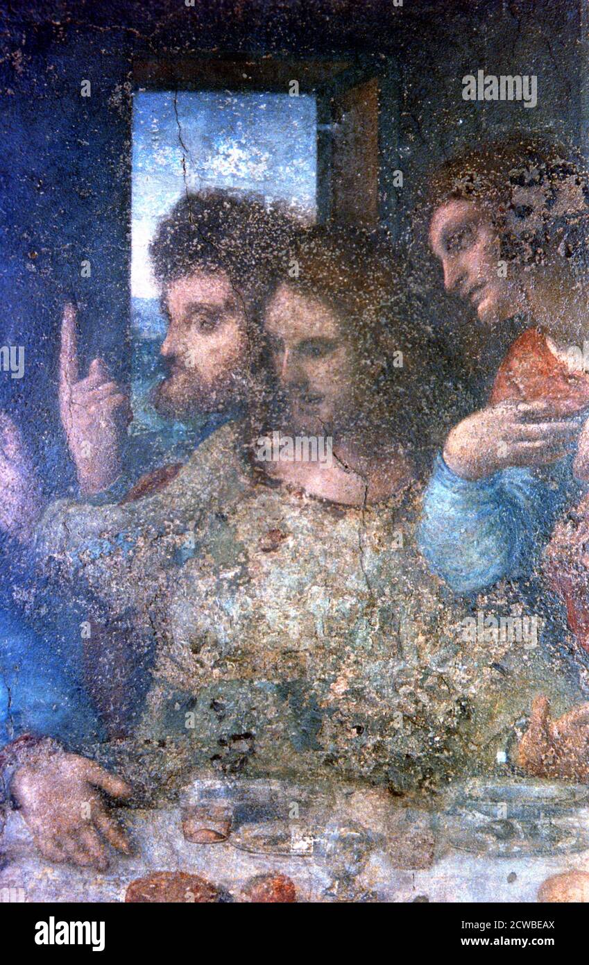 The Last Supper' (detail), 1495-1498 Artist: Leonardo da Vinci. The apostles James, Thomas and Philip. The painting is a mural commissioned by Lodovico Sforza, Duke of Milan for the refectory of the convent of Santa Maria delle Grazie, Milan, Italy. Stock Photo