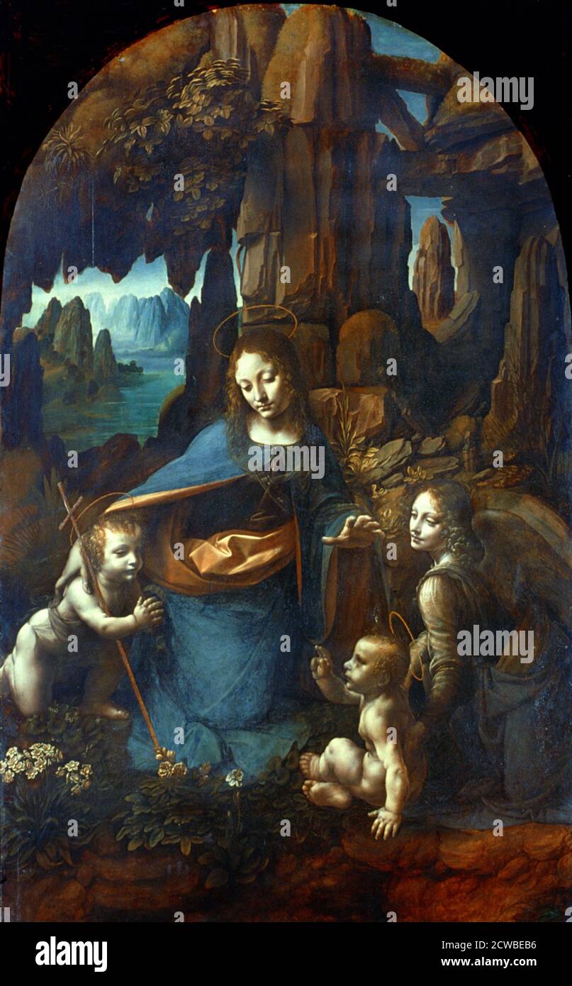 The Virgin of the Rocks', 1491-1519 Artist: Leonardo da Vinci. The Virgin with the Infant Saint John the Baptist adoring the Infant Christ accompanied by the archangel Uriel) Stock Photo