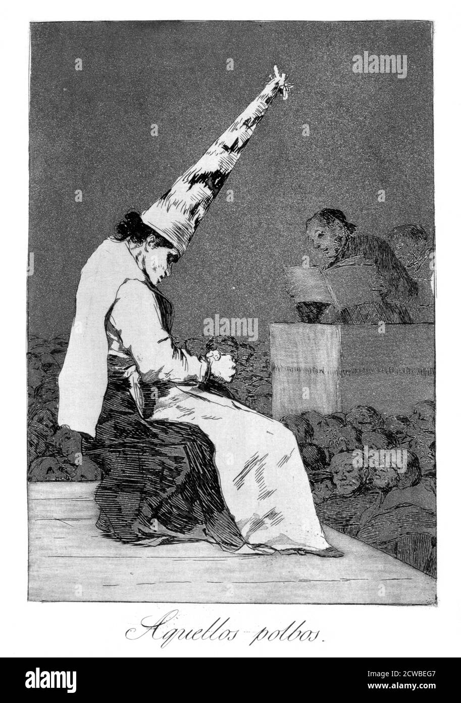 Those specks of dust, Perrico the cripple', 1799 Artist: Francisco Goya. Perrico caught giving love potions to lovers, plate 23 of 'Los Caprichos'. Los Caprichos are a set of 80 prints in aquatint and etching created by the Spanish artist Francisco Goya in 1797 and 1798, and published as an album in 1799. Stock Photo