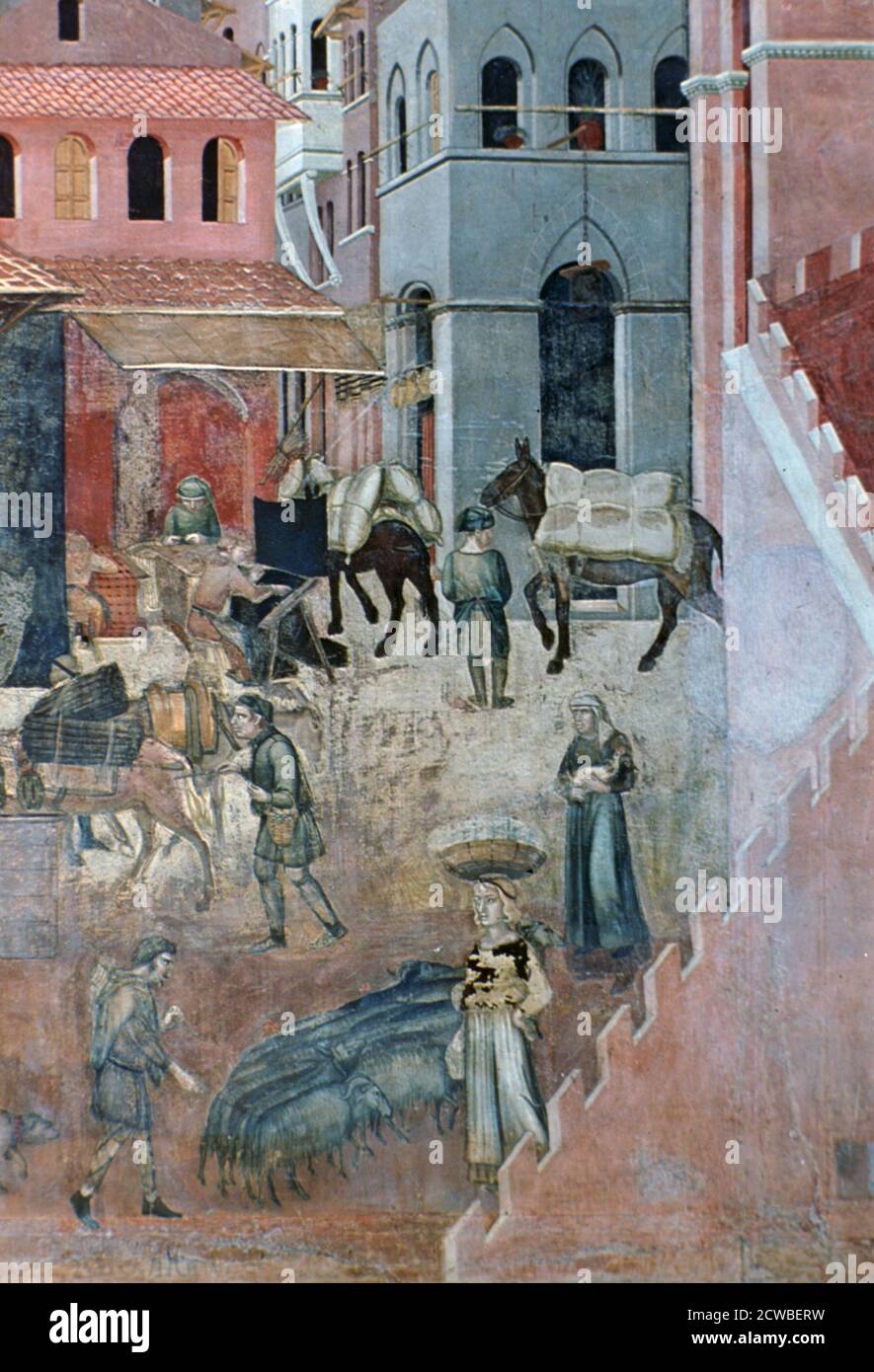 Effects of Good Government on the City Life', (detail), 1338-1340 Artist: Ambrogio Lorenzetti. Ambrogio Lorenzetti frescoed the side walls of the Council Room (Sala dei Nove) of the City Hall (Palazzo Pubblico) of Siena. The subject of the frescoes are Good and Bad Government. Stock Photo