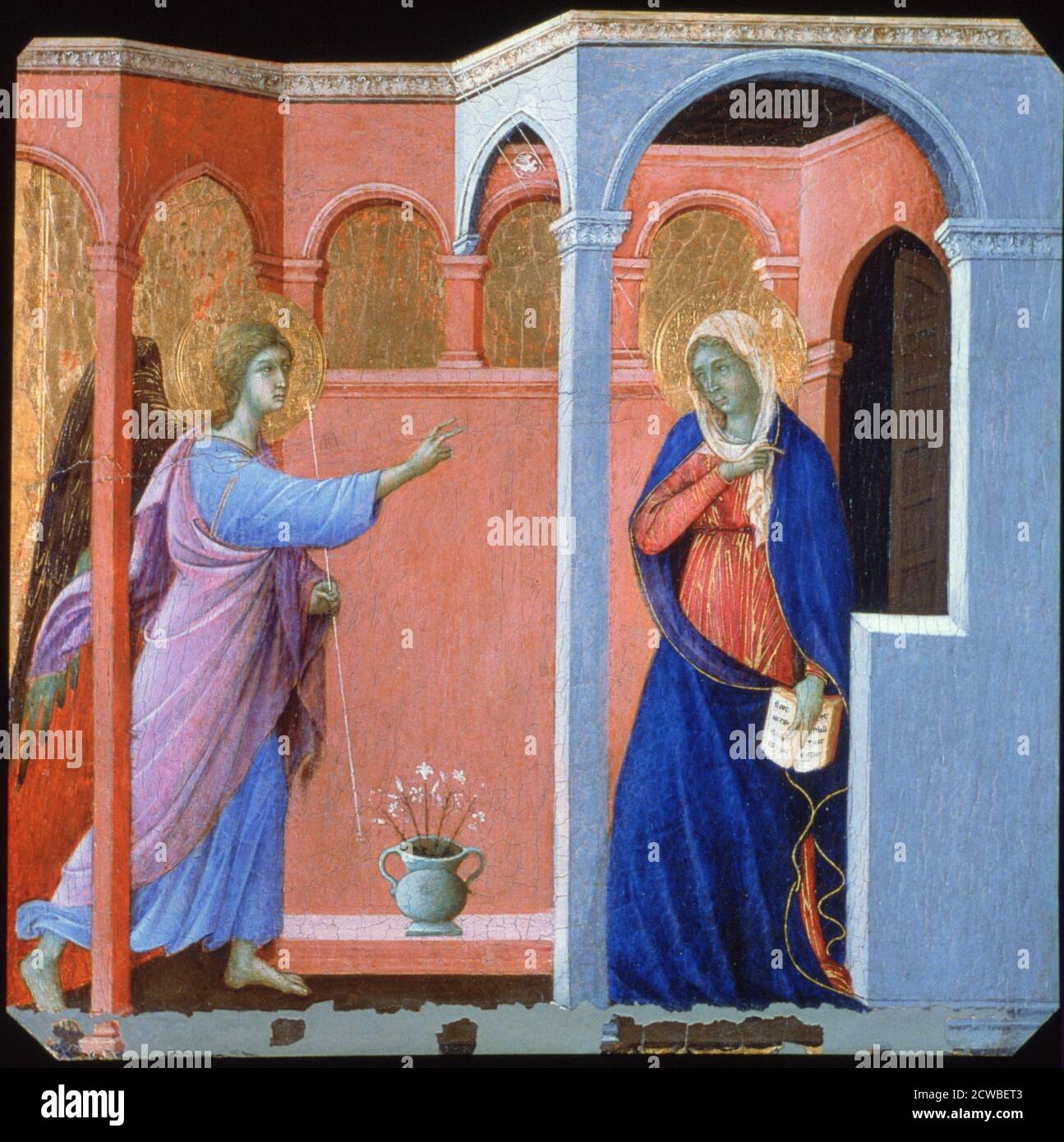 Panel from the Maesta Altarpiece: The Annunciation', 1311. Artist: Duccio di Buoninsegna. Duccio di Buoninsegna (c1255-1320) was an Italian painter active in Siena, in the late 13th and early 14th century. He was hired throughout his life to complete many important works in government and religious buildings around Italy. Stock Photo