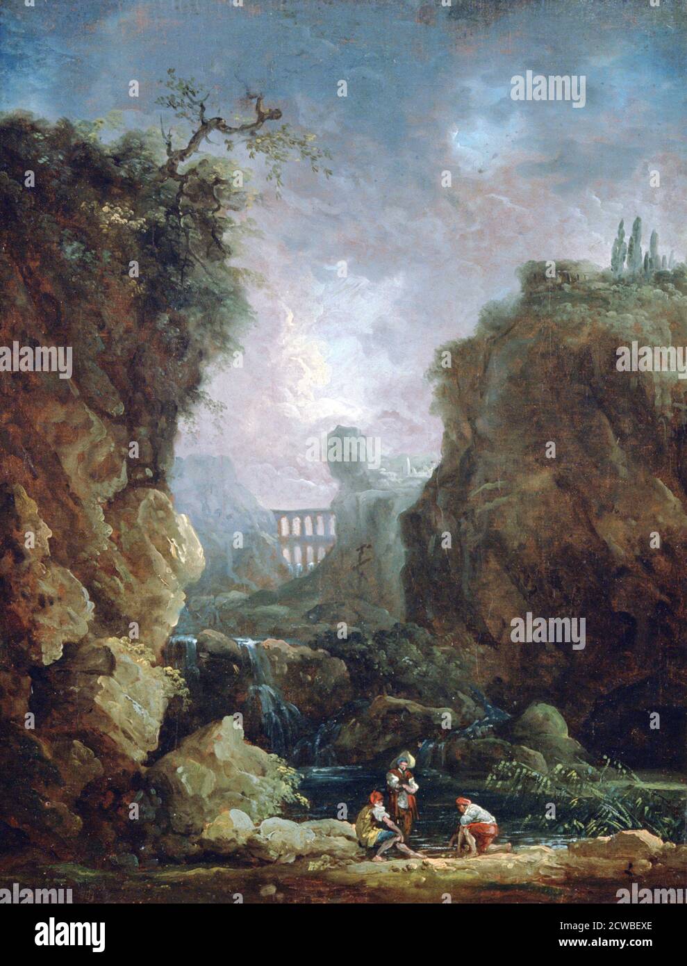 Landscape with Waterfall and Aqueduct', c1750-1808, Artist: Hubert Robert. Hubert Robert (1733-1808) was a French Rococo Era Painter. Stock Photo