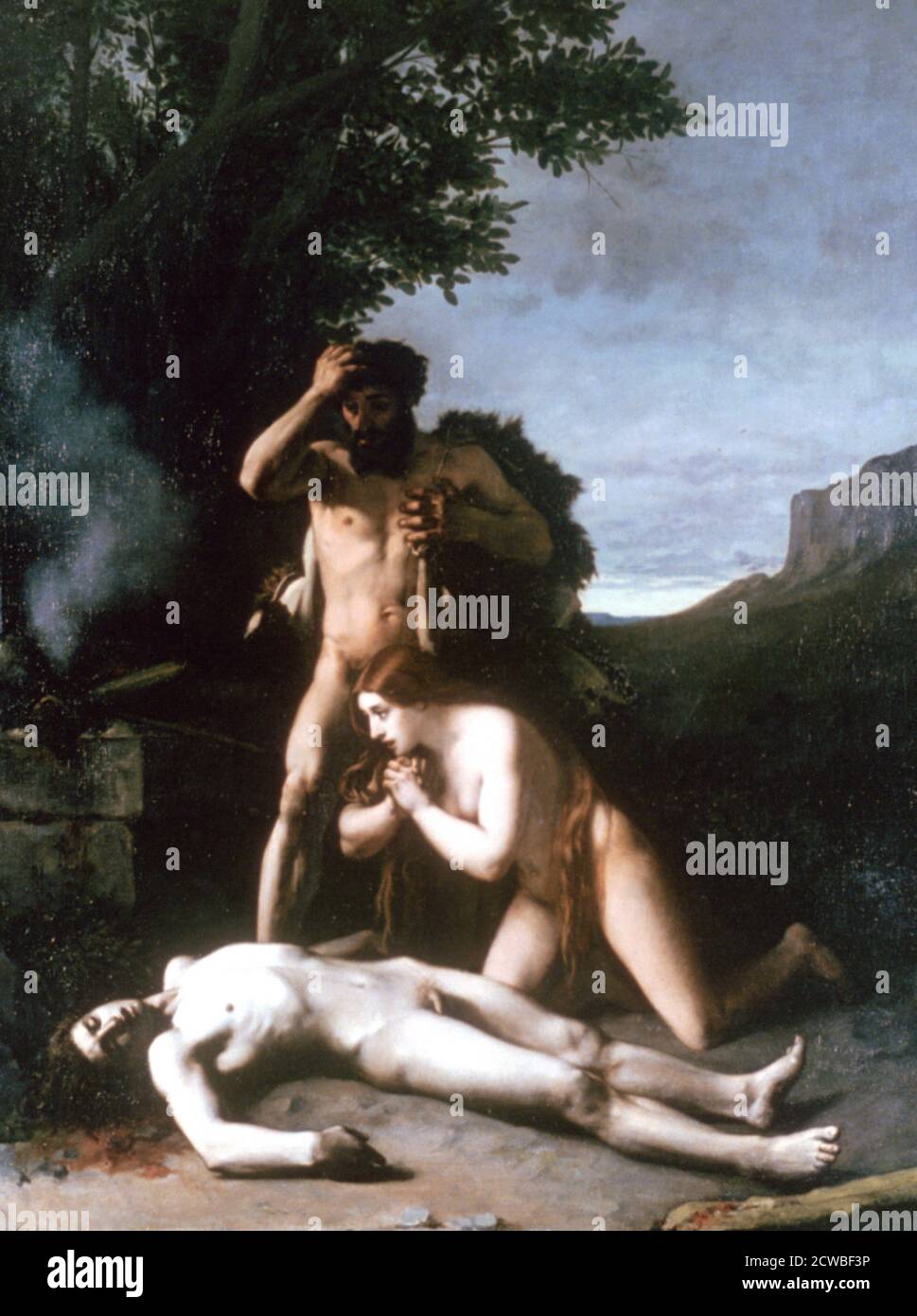 Adam and Eve finding the Body of Abel', 1858 Artist: Jean Jacques Henner. Adam and Eve were the first man and woman created by God according to the Bible and the Qur'an. Stock Photo