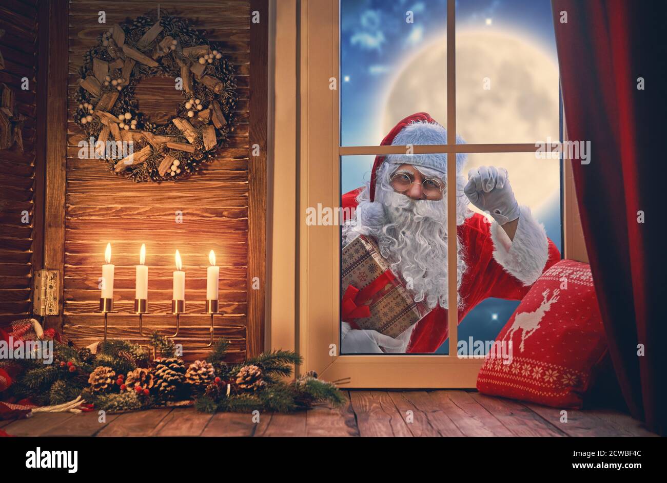 Santa Looking Through Window Christmas Santa Claus Looks Out Window