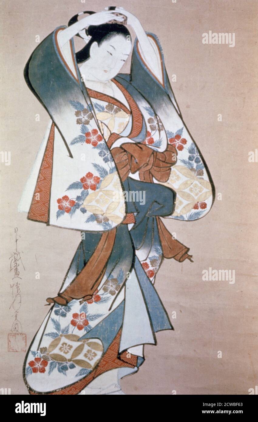 Standing Beauty Arranging Her Hair', c1714. Artist: Ando Kaigetsudo. Ando Kaigetsudo(1671-1743) was a Japanese painter and the founder of the Kaigetsudo school of ukiyo-e art. Stock Photo