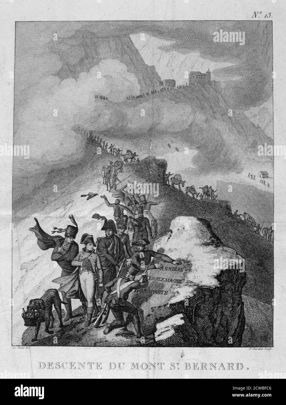 The descent of Mount St Bernard', 1800. After his appointment as First Consul and Austria's attack on Italy, Napoleon and his troops cross the Alps following in the footsteps of Hannibal and Charlemagne. Stock Photo