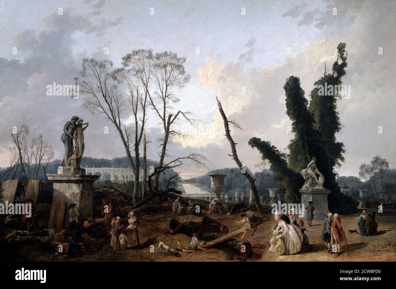 View of the 'Tapis Vert' in Versailles, 19th century by Fanny Robert. Louis XVI and Marie-Antoinette are depicted in the foreground. From the Musee National du Chateau, Versailles, France. Stock Photo
