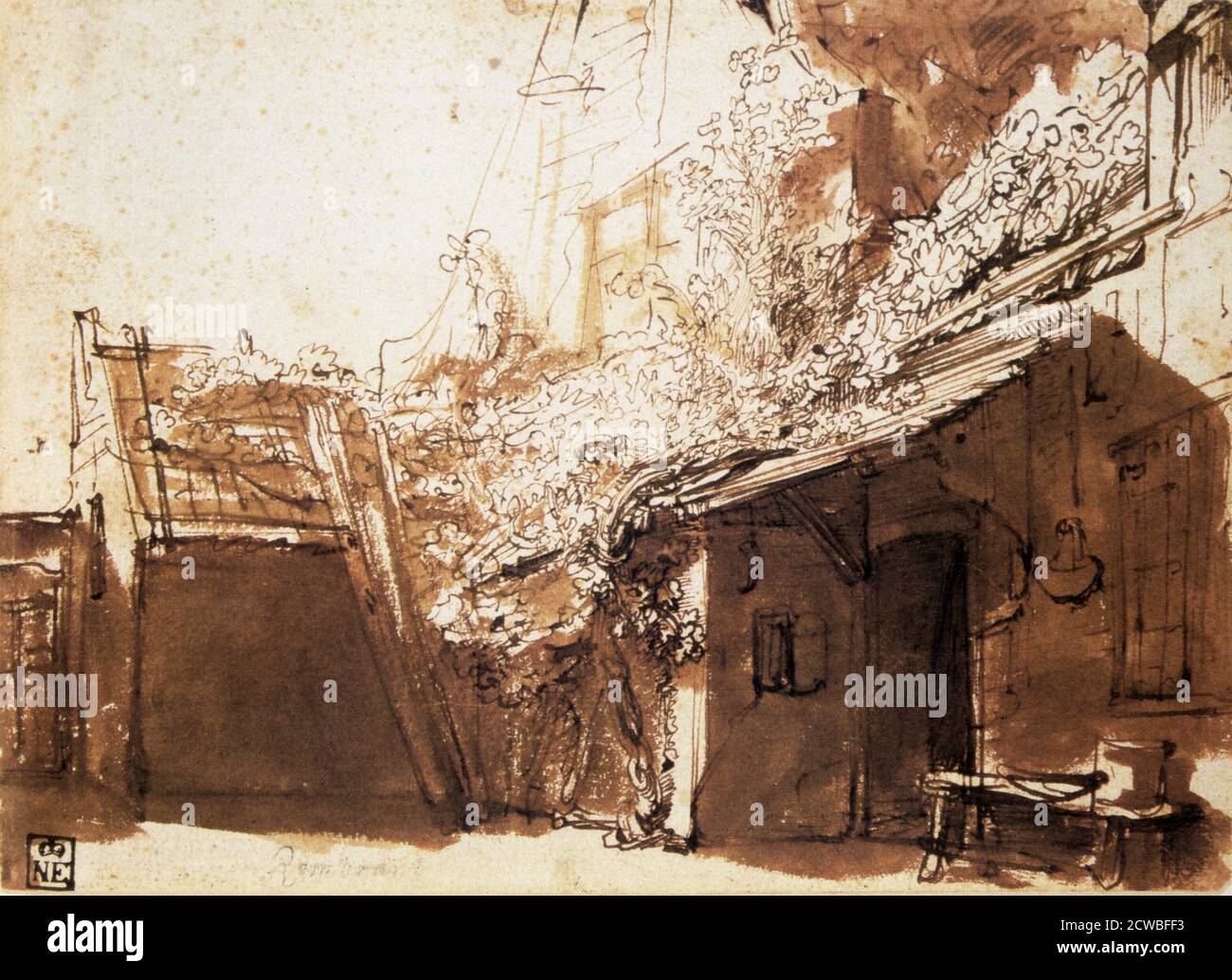 Dutch Peasant House', 17th century, by Rembrandt Harmensz van Rijn. From the Museum of Fine Art, Budapest. Stock Photo