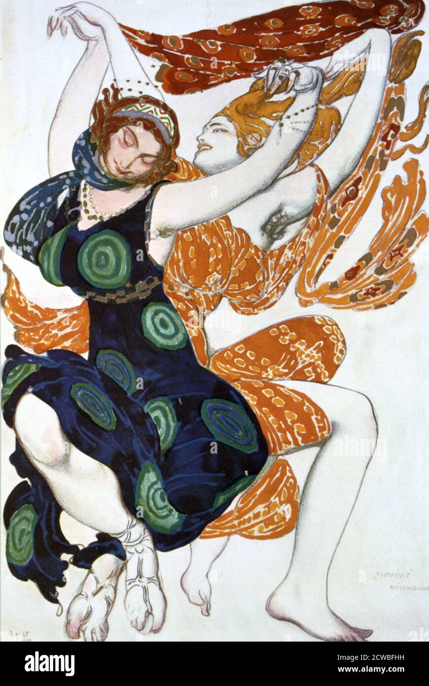 Two Bacchantes', costume design for a Ballets Russes production of Tcherepnin's Narcisse, Artist: Leon Bakst, 1911. Published in L'Art Decoratif de Leon Bakst. (Paris, 1913). From a private collection. Stock Photo