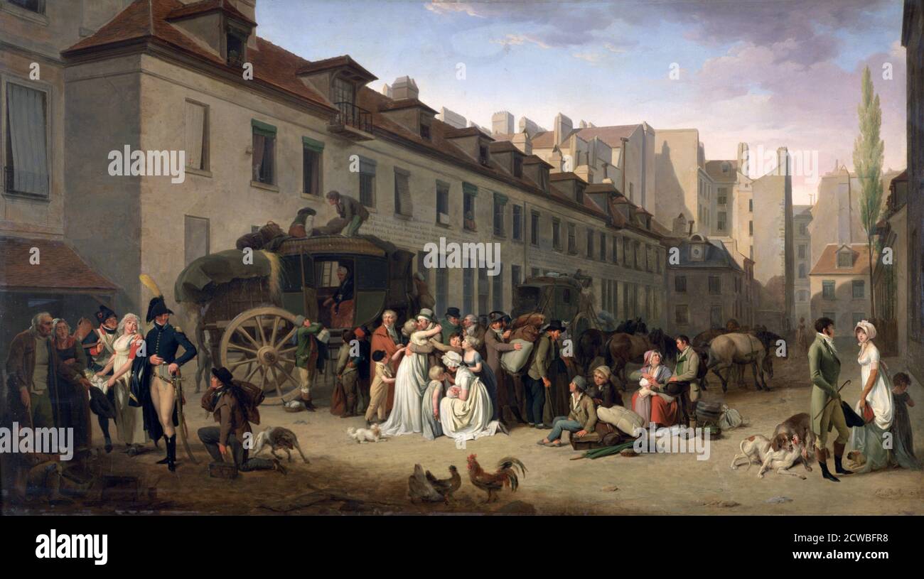 The Arrival of a Stagecoach at the Terminus, rue Notre-Dame-des-Victoires', 1803-1845. Artist: Louis Leopold Boilly. Louis-Leopold Boilly (1761-1845) was a French painter and draftsman. A gifted creator of popular portrait paintings. Stock Photo