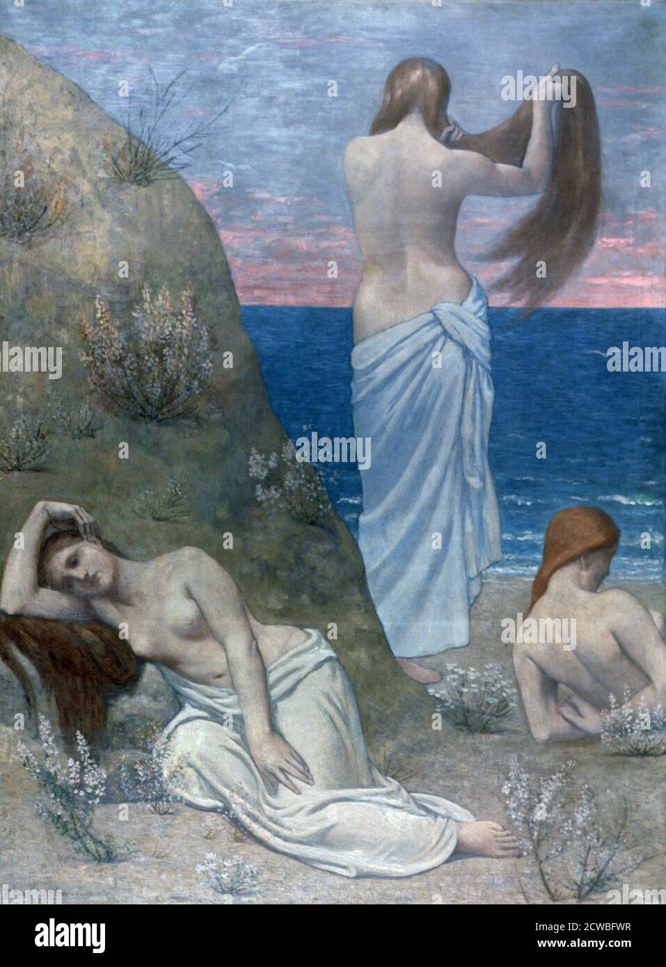 Young Girls by the Sea', before 1894. Artist: Pierre Puvis de Chavannes. Pierre Puvis de Chavannes (1824-1898) was a French painter known for his mural painting, who came to be known as 'the painter for France'. Stock Photo