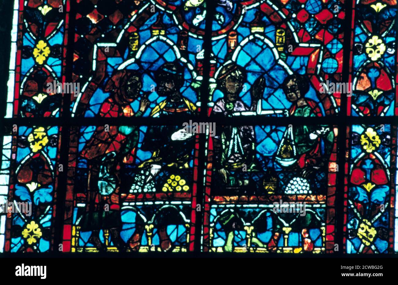 Money Changers, Stained glass, Chartres Cathedral, Chartres, France. Stock Photo