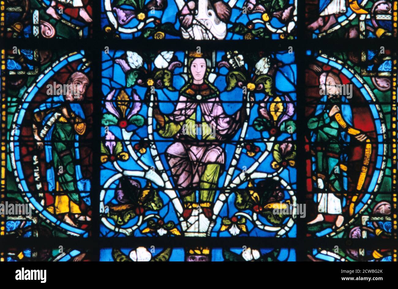 Virgin and Prophets, stained glass, Chartres Cathedral, France, 1194-1260. Detail from the Tree of Jesse Window. Stock Photo