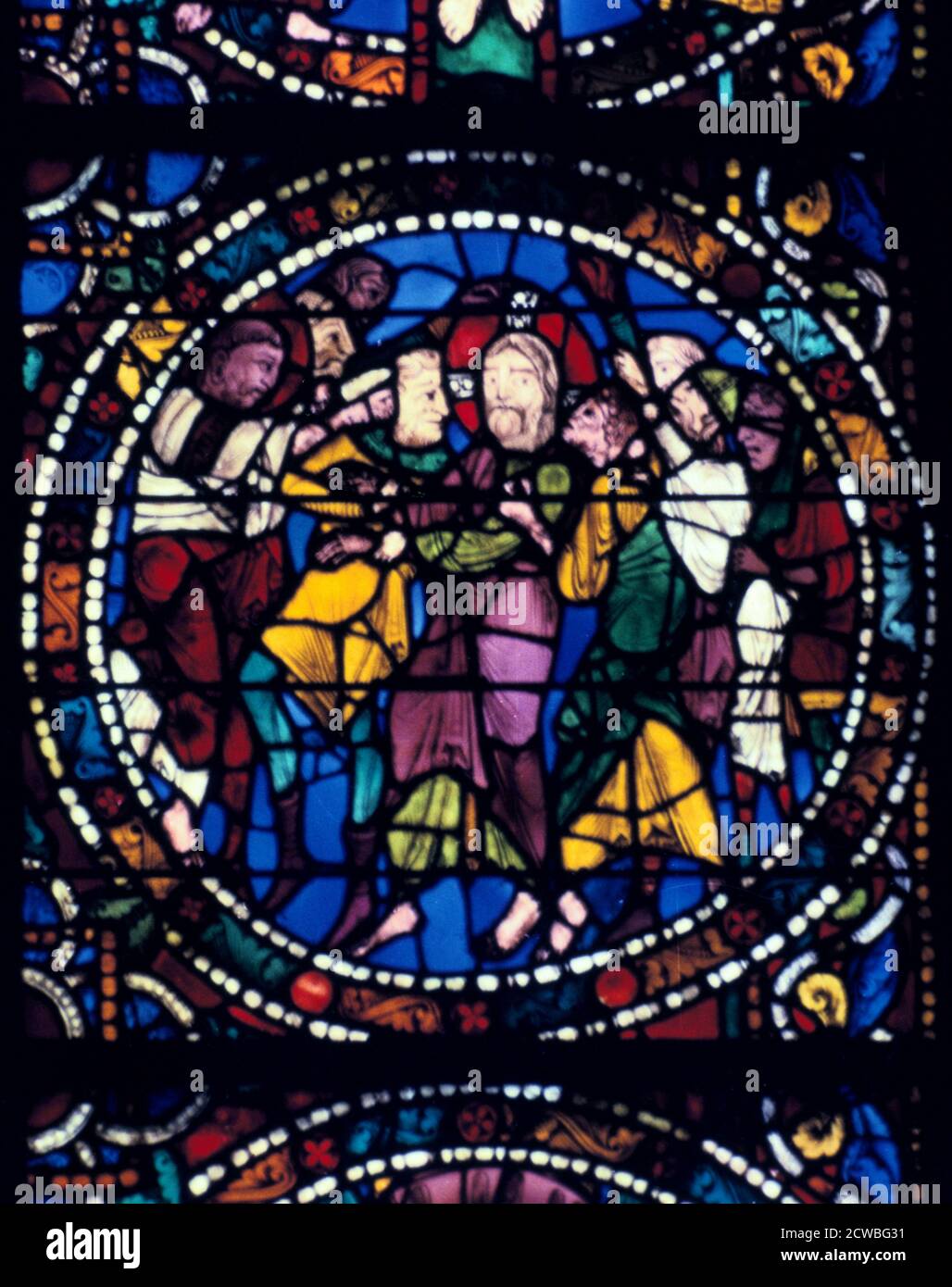 The Arrest of Christ (Kiss of Judas), stained glass, Chartres Cathedral, 1194-1260. Stock Photo
