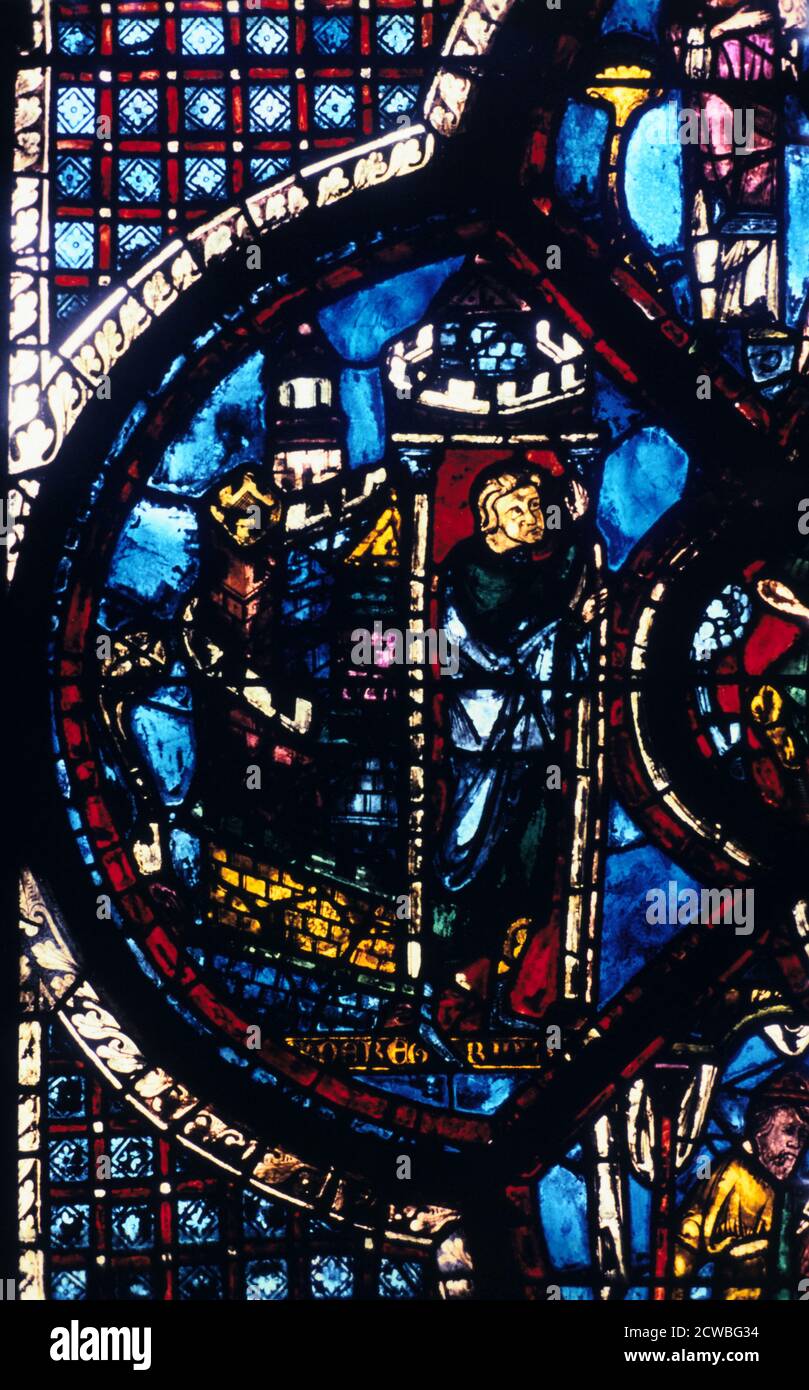 The pilgrim leaves Jerusalem for Jericho, stained glass, Chartres Cathedral, France, 1205-1215. Detail from the Good Samaritan and Adam and Eve window in the south aisle. Stock Photo