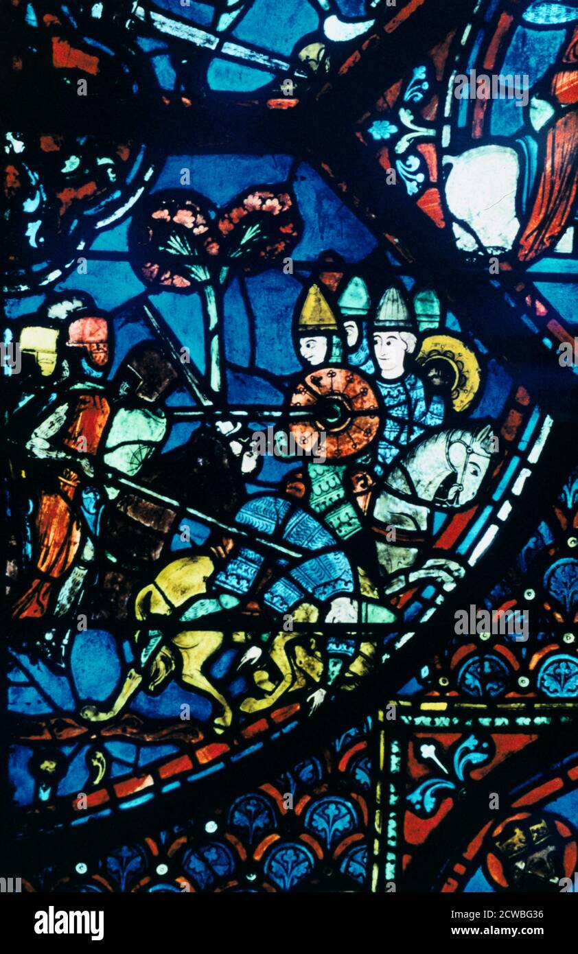 Battle of Sahagun, stained glass, Chartres Cathedral, c1225. Detail from the Charlemagne Window. Stock Photo