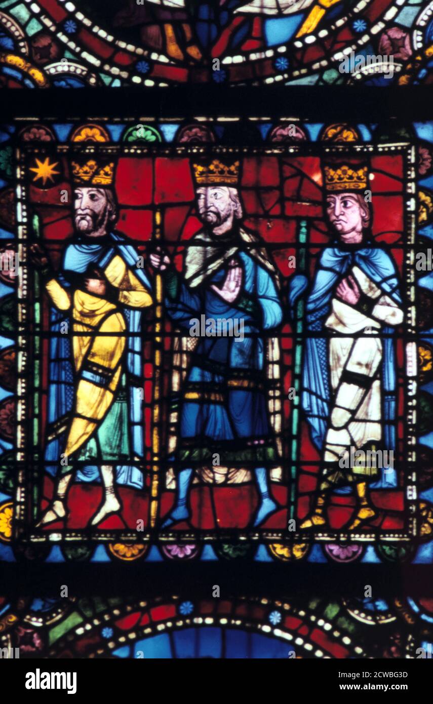 The Adoration of the Magi, stained glass, Chartres Cathedral France, 1145-1155. Detail from the Infancy of Christ Window. Stock Photo