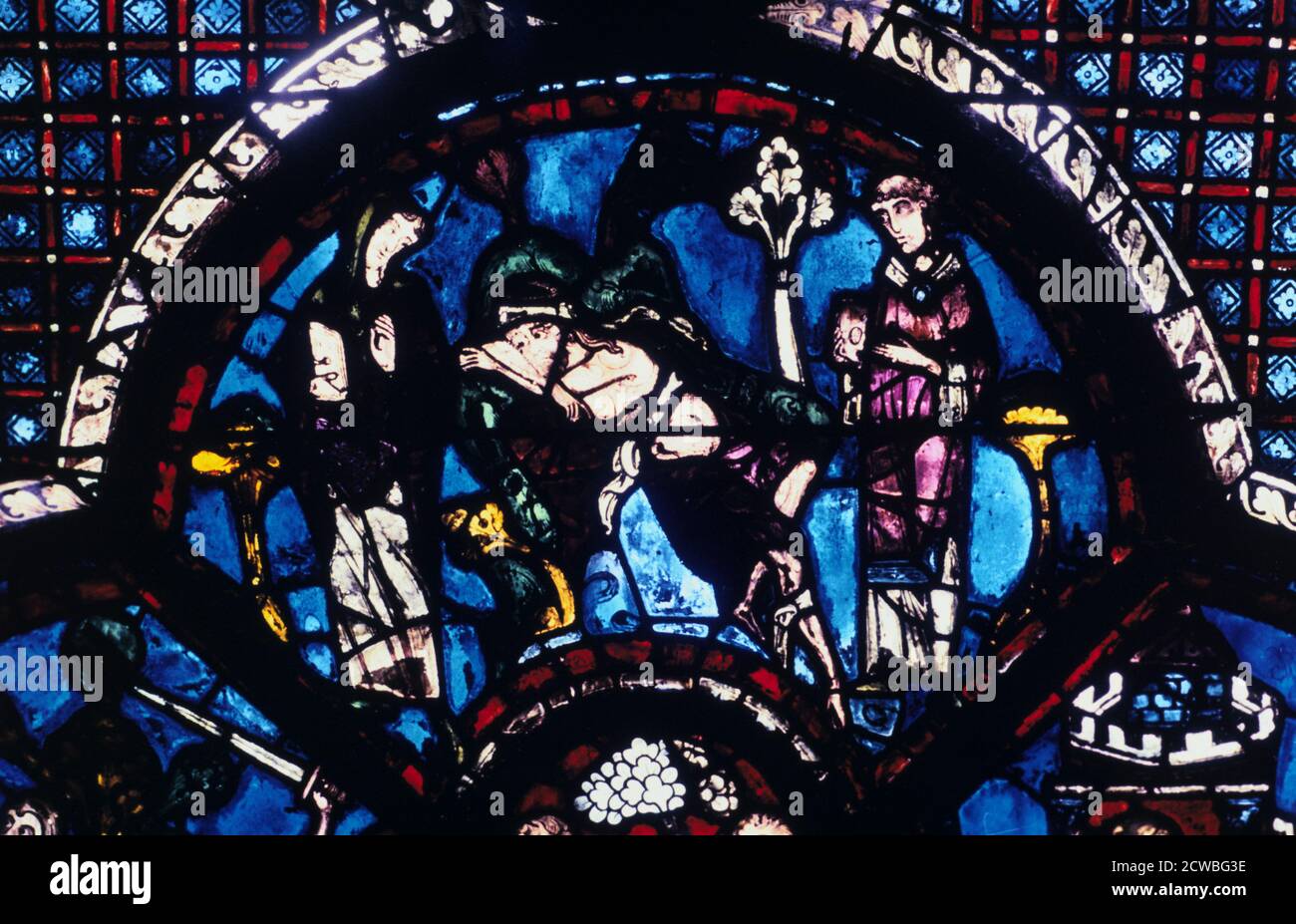 Injured pilgrim ignored by priest and Levite, stained glass, Chartres Cathedral, France, 1205-1215. Detail from the Good Samaritan and Adam and Eve window in the south aisle. Stock Photo