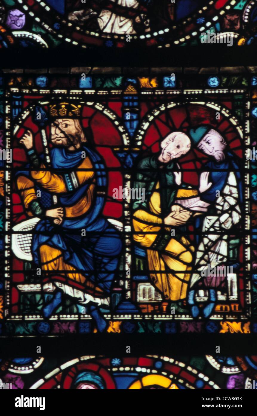 Herod and his advisors, stained glass, Chartres Cathedral, France,1145-1155. Detail from the Infancy of Christ Window. Stock Photo