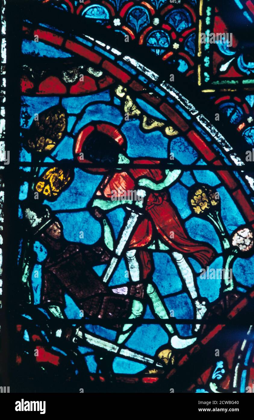 Roland pierces the giant Farragut in the navel, stained glass, Chartres Cathedral, France, 1194-1260. Detail from the Charlemagne Window. Stock Photo