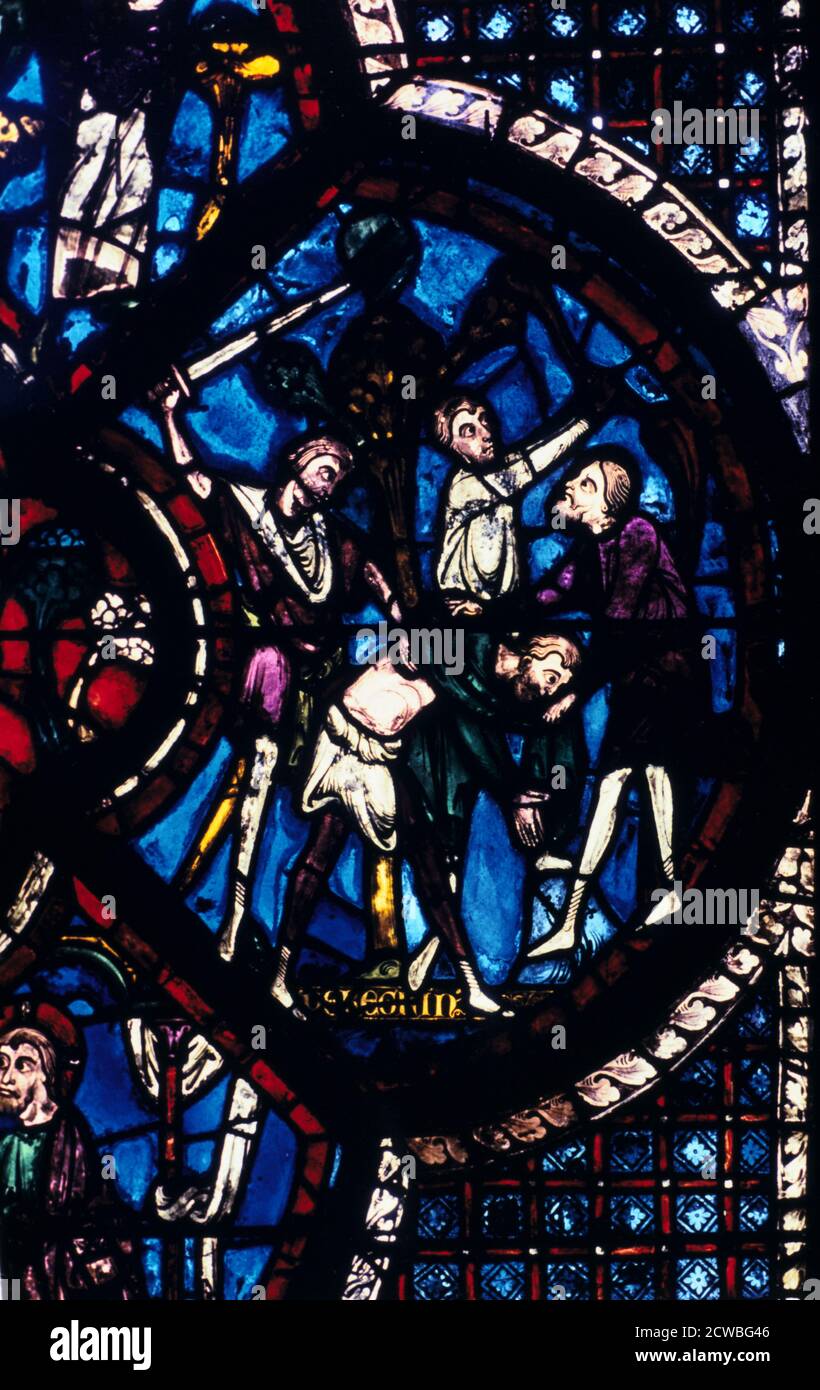 The pilgrim attacked by thieves, stained glass, Chartres Cathedral, France, 1205-1215. Detail from the Good Samaritan and Adam and Eve window in the south aisle. Stock Photo