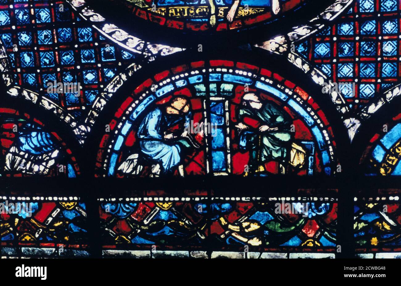 Stained glass, Chartres Cathedral, France, 1194-1260. Detail from the Good Samaritan and Adam and Eve Window in the south aisle. Stock Photo