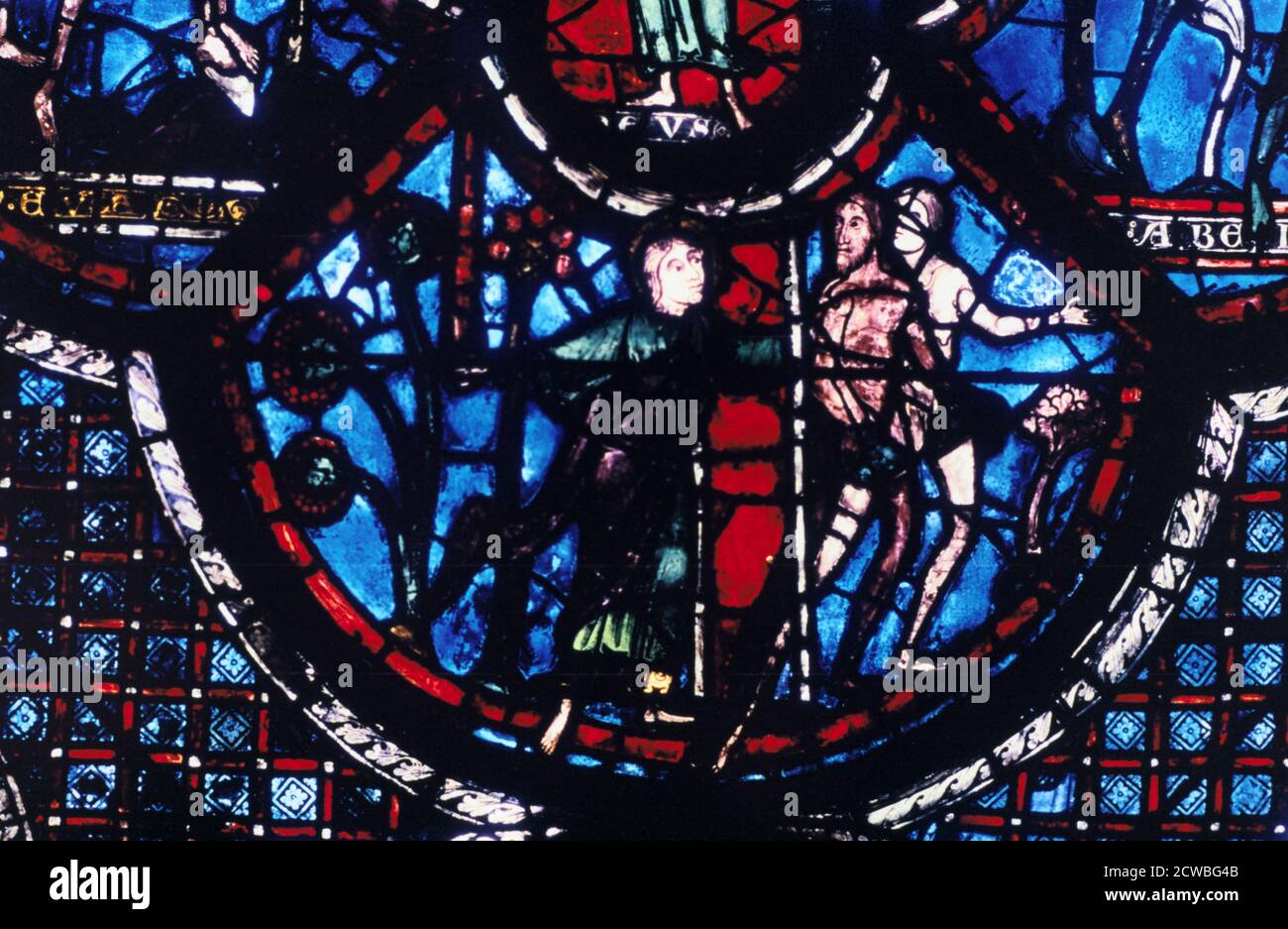 Expulsion from Eden, stained glass, Chartres Cathedral, France, 1205-1215. Detail from the Good Samaritan and Adam and Eve window in the south aisle. Stock Photo