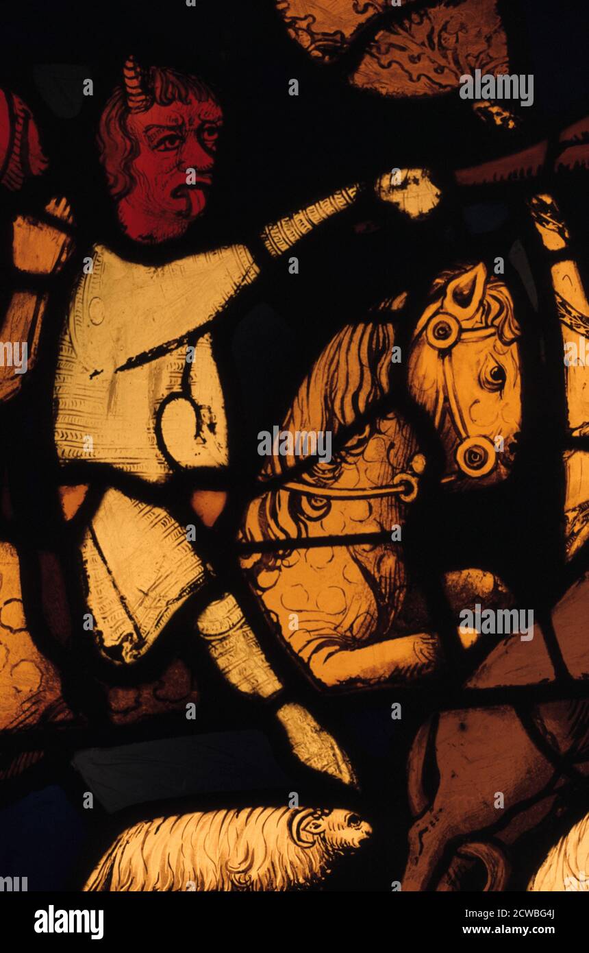 Devil on a horse, (detail), 1242. Fragment of a stained glass window from the Saint Chapelle. From the Musee National du Moyen Age (Musee de Cluny), France. Stock Photo