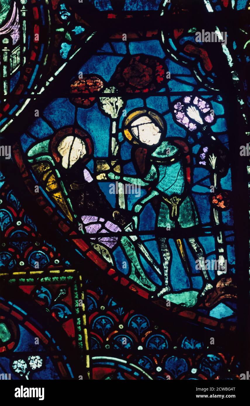 Baudouin tends the dying Roland, stained glass, Chartres Cathedral, France, 1194-1260. Detail from the Charlemagne Window. Stock Photo