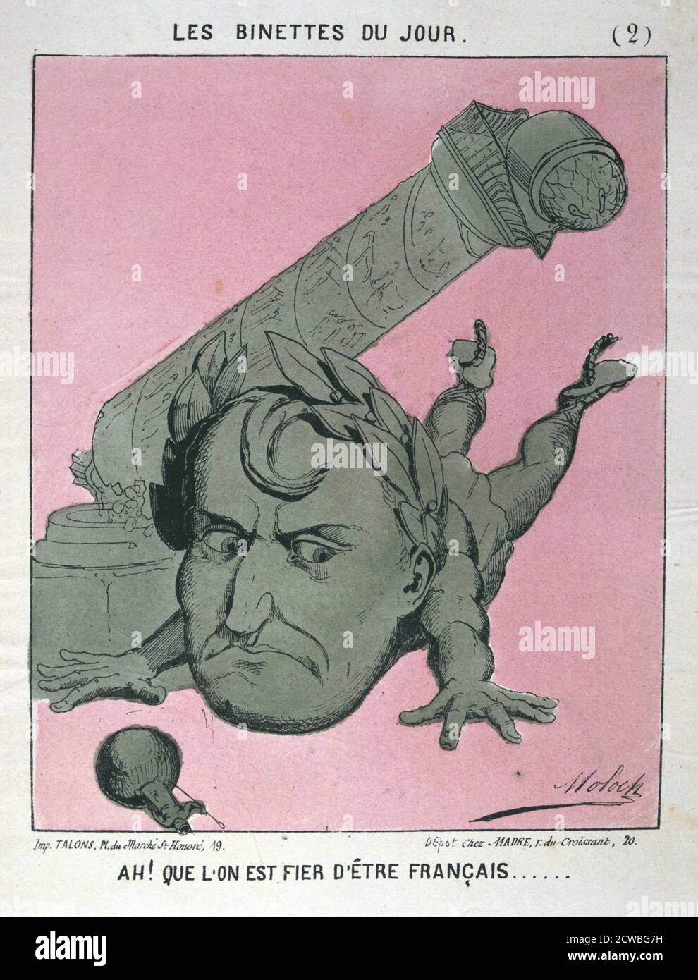 Ah! Que l'on est fier d'etre Francais', 1871. Doesn't it make one proud to be French?, laments a caricature of Napoleon I, whose statue was toppled from its column in the Place de la Vendome by the Paris Communards on 8 May 1871. From a private collection. Stock Photo