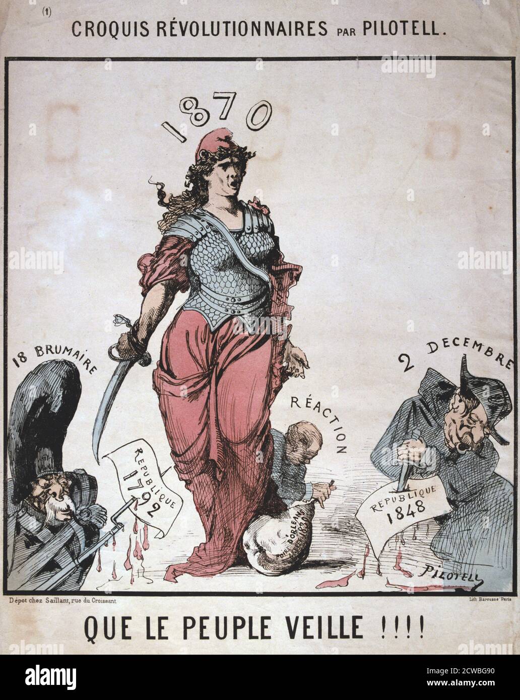 Que le Peuple Veille' by Pilotell, allegory of the French Republic, Franco-Prussian War, 1870. The Third Republic was proclaimed in September 1870 after the defeat of the French at the Battle of Sedan and the capture of Napoleon III brought the Second Empire to an end. The previous Republics of 1792 and 1848 were short-lived, being respectively ended by Napoleon's coup of the 18 Brumaire (1799) and that of Louis-Napoleon to establish the Second Empire (1852). The Third Republic endured until France's capitulation to the Nazi invaders in 1940. From a private collection. Stock Photo