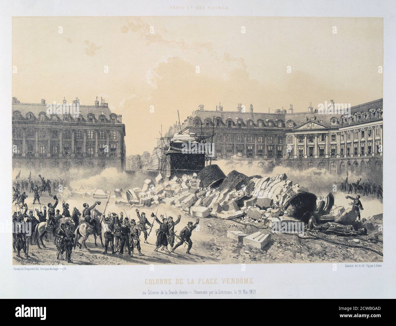 Colonne de la Place Vendome', Paris Commune, 16 May 1871. View of the Place Vendome showing the ruins of the triumphal column erected by Napoleon that the Communards demolished due to its imperialist symbolism. From a series titled Paris et ses Ruines. From a private collection. Stock Photo