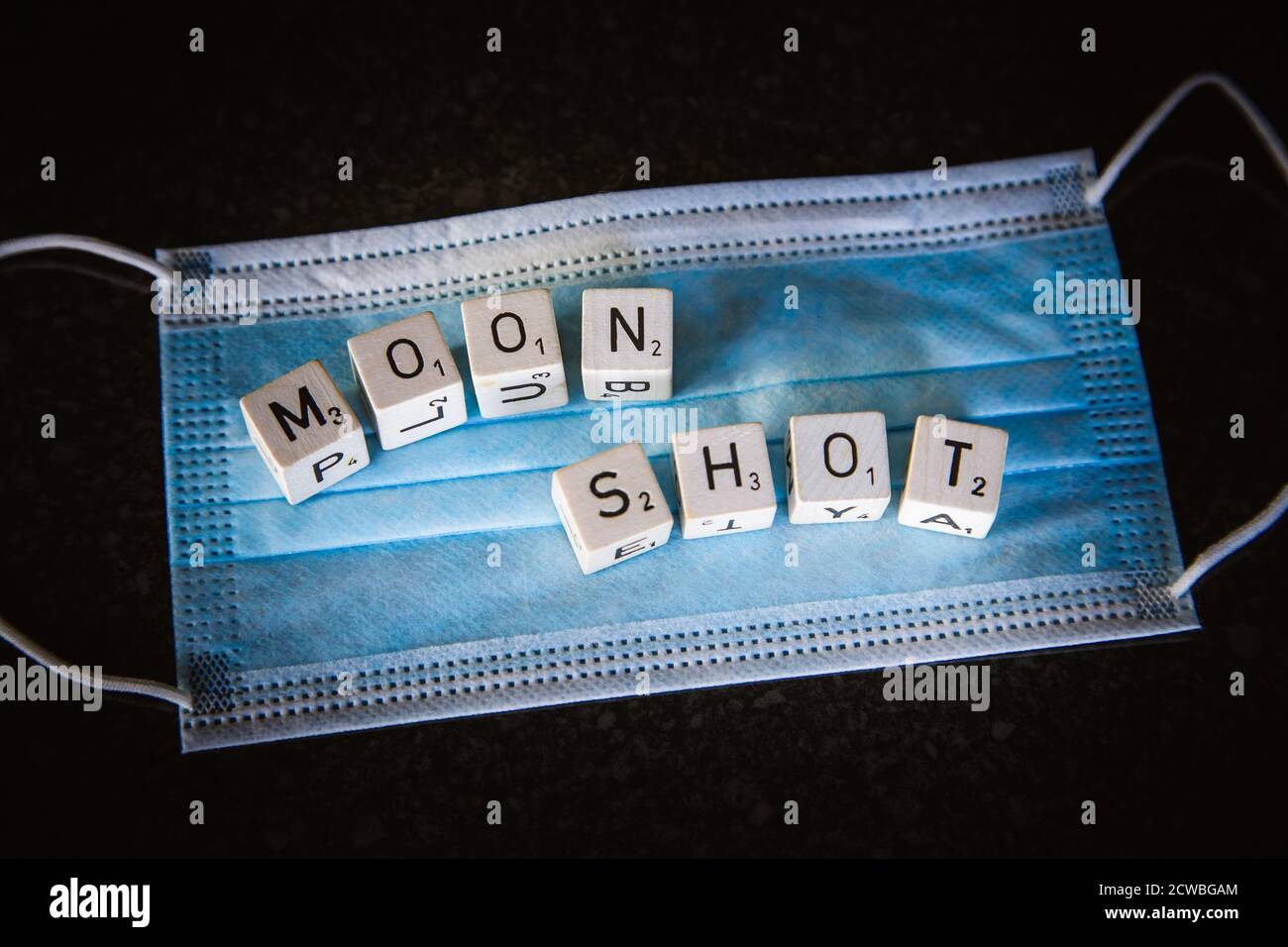 Letters spelling out Moon Shot. To luustarate Boris Johnson Operation Moon Shot to battle coronavirus Stock Photo