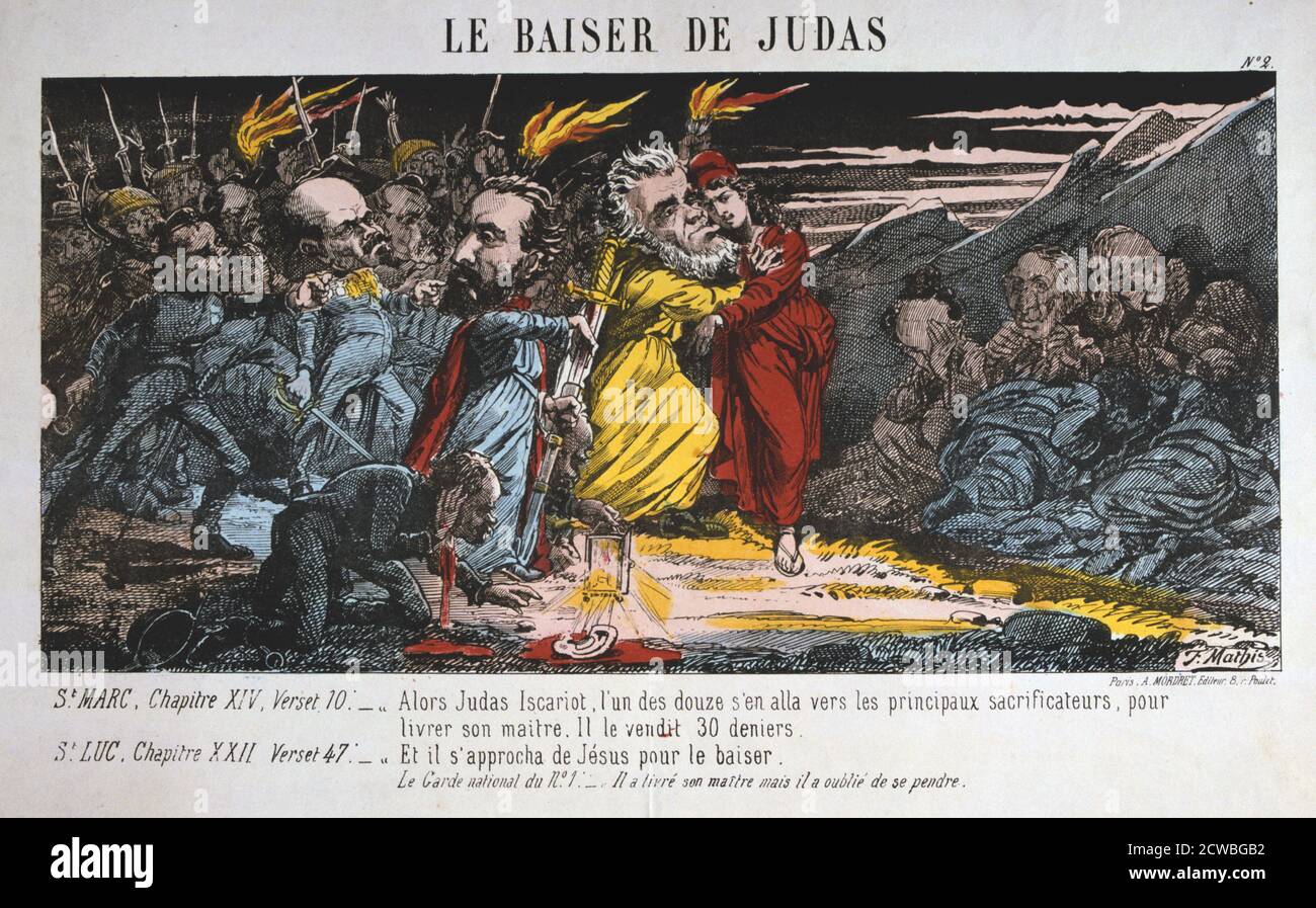 Le Baiser de Judas', Paris Commune, 1871. Cartoon comparing the downfall of the Paris Commune to the betrayal of Christ by Judas' kiss. An allegory of the Commune fills the place of Jesus. The Paris Commune was established when the citizens of Paris, many of them armed National Guards, rebelled against the policies of the conservative government formed after the end of the Franco-Prussian War. The left-wing regime of the Commune held sway in Paris for two months until government troops retook the city in bloody fighting in May 1871. The events of the Commune were an inspiration to Karl Marx as Stock Photo