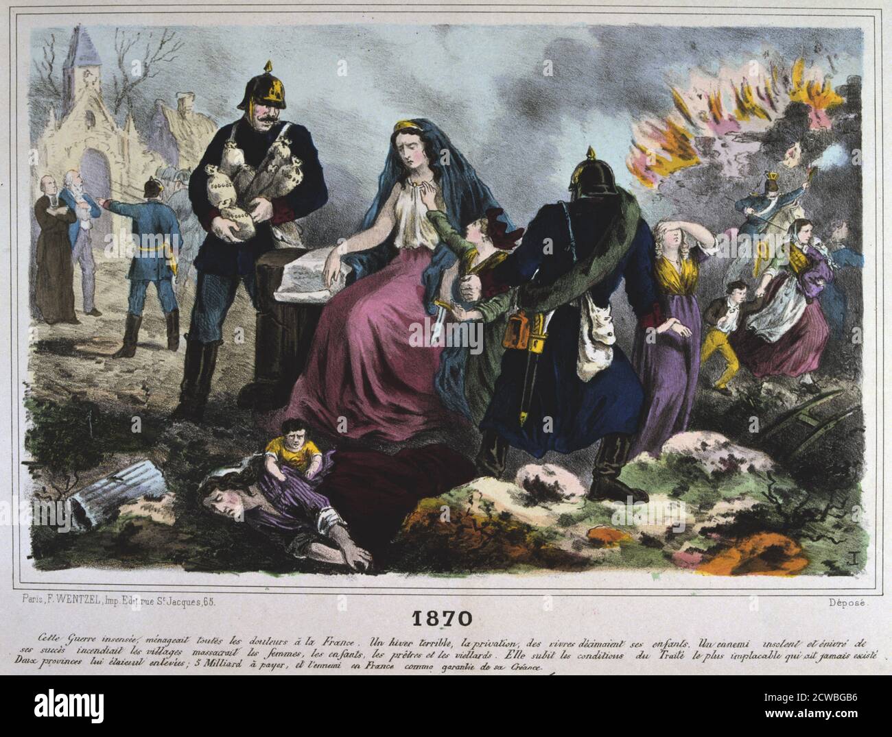 Allegory of France of 1870, Franco-Prussian war, 1870-1871. France, seated and surrounded by the chaos and destruction of the Franco-Prussian War. From a private collection. Defeat in the conflict was a national humiliation for France and resulted in the end of the Second Empire. Stock Photo