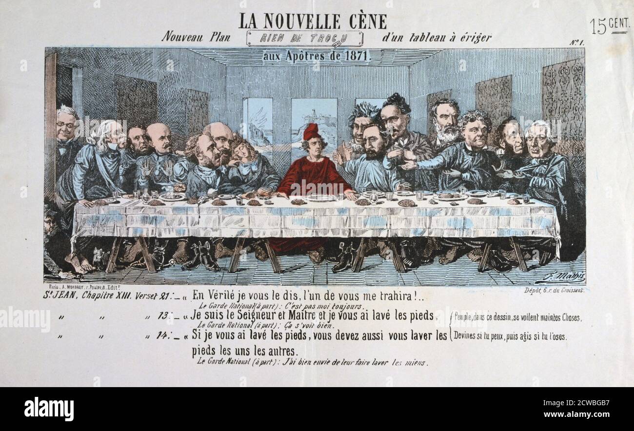 La Nouvelle Cene', Paris Commune, 1871. Cartoon comparing the downfall of the Paris Commune to the betrayal of Christ at the Last Supper. The Paris Commune was established when the citizens of Paris, many of them armed National Guards, rebelled against the policies of the conservative government formed after the end of the Franco-Prussian War. The left-wing regime of the Commune held sway in Paris for two months until government troops retook the city in bloody fighting in May 1871. The events of the Commune were an inspiration to Karl Marx as well as later communist leaders including Lenin, T Stock Photo