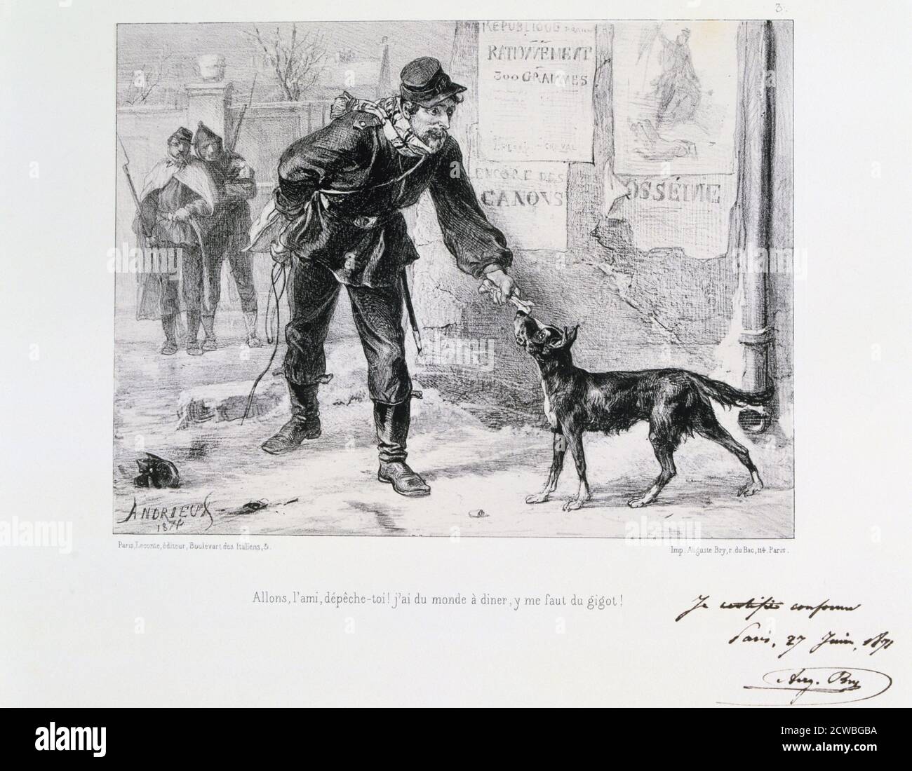 Siege of Paris, Franco-Prussian War, by auguste bry, 1871. A hungry soldier tries to catch a stray dog for his dinner. After the disastrous defeat of the French at Sedan and the capture of Napoleon III, the Prussians surrounded Paris on 9 September 1870. The city held out despite famine, disease and cold until a bombardment with heavy siege guns led to its surrender on 28 January 1871. From a private collection. Stock Photo