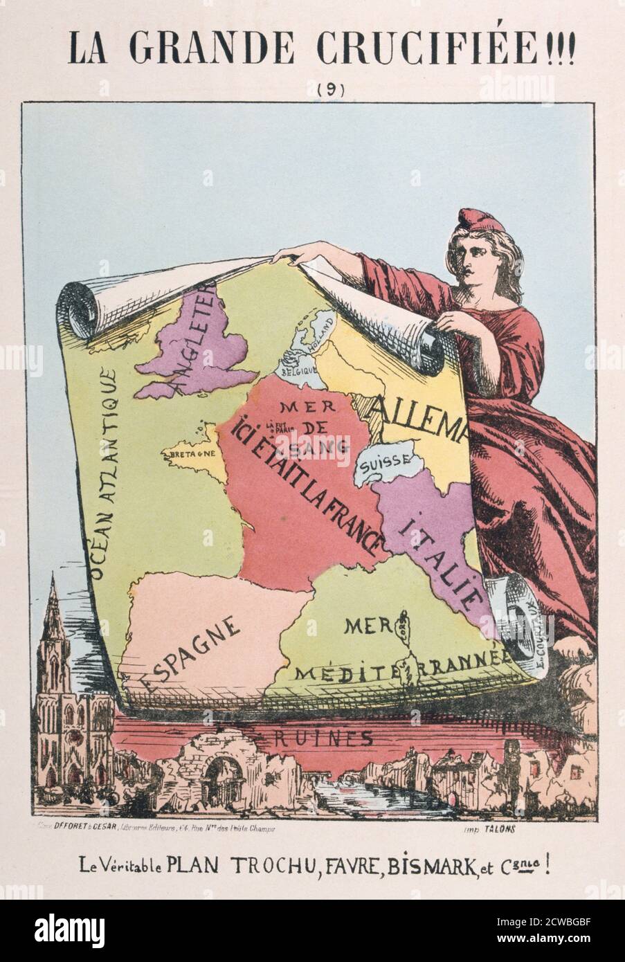 Allegory of Republican France, by E Courtaux, 1871. Cartoon from a series titled La Grande Crucifiee!!! depicting Marianne as Republican France. Here she holds up a map portraying France as a 'Mer de Sang' (sea of blood), as a result of the upheavals of the Franco-Prussian War and the Paris Commune. From a private collection. Stock Photo