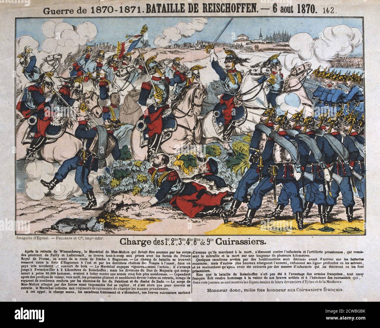 Battle of Reichshoffen, Franco-Prussian war, 6th August 1870. French cuirassiers charging Prussian infantry. The Battle of Reichshoffen (Battle of Worth), the first major engagement of the war, ended in a defeat for the French, with 700 cuirassiers killed by close range fire in a counter-attack on the village of Morsbronn. From a private collection. Stock Photo