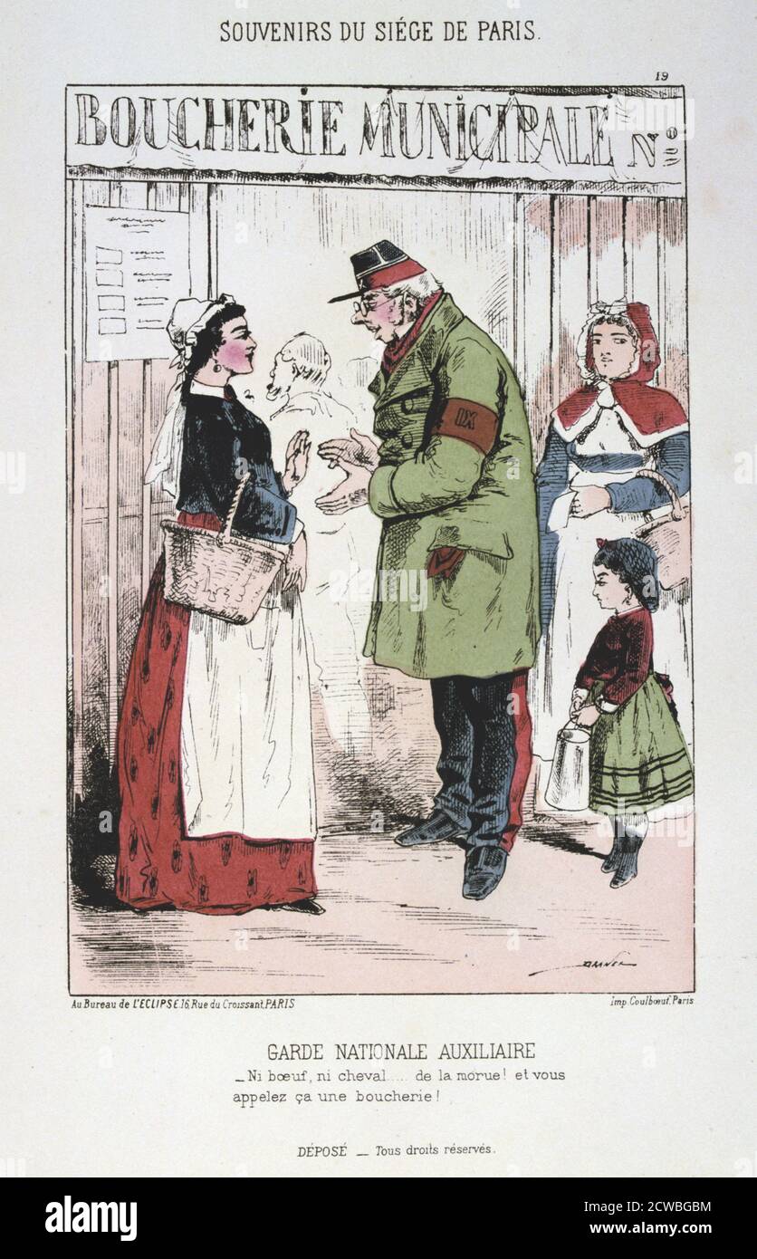 Garde Nationale Auxiliaire', Siege of Paris, Franco-Prussian War, 1870-1871. A woman shopper and a member of the National Guard (Garde Nationale) bemoaning the lack of meat available from a butcher's shop during the food shortages caused by the Prussian blockade of Paris. Print from a series titled Souvenirs du Siege de Paris. From a private collection. Stock Photo