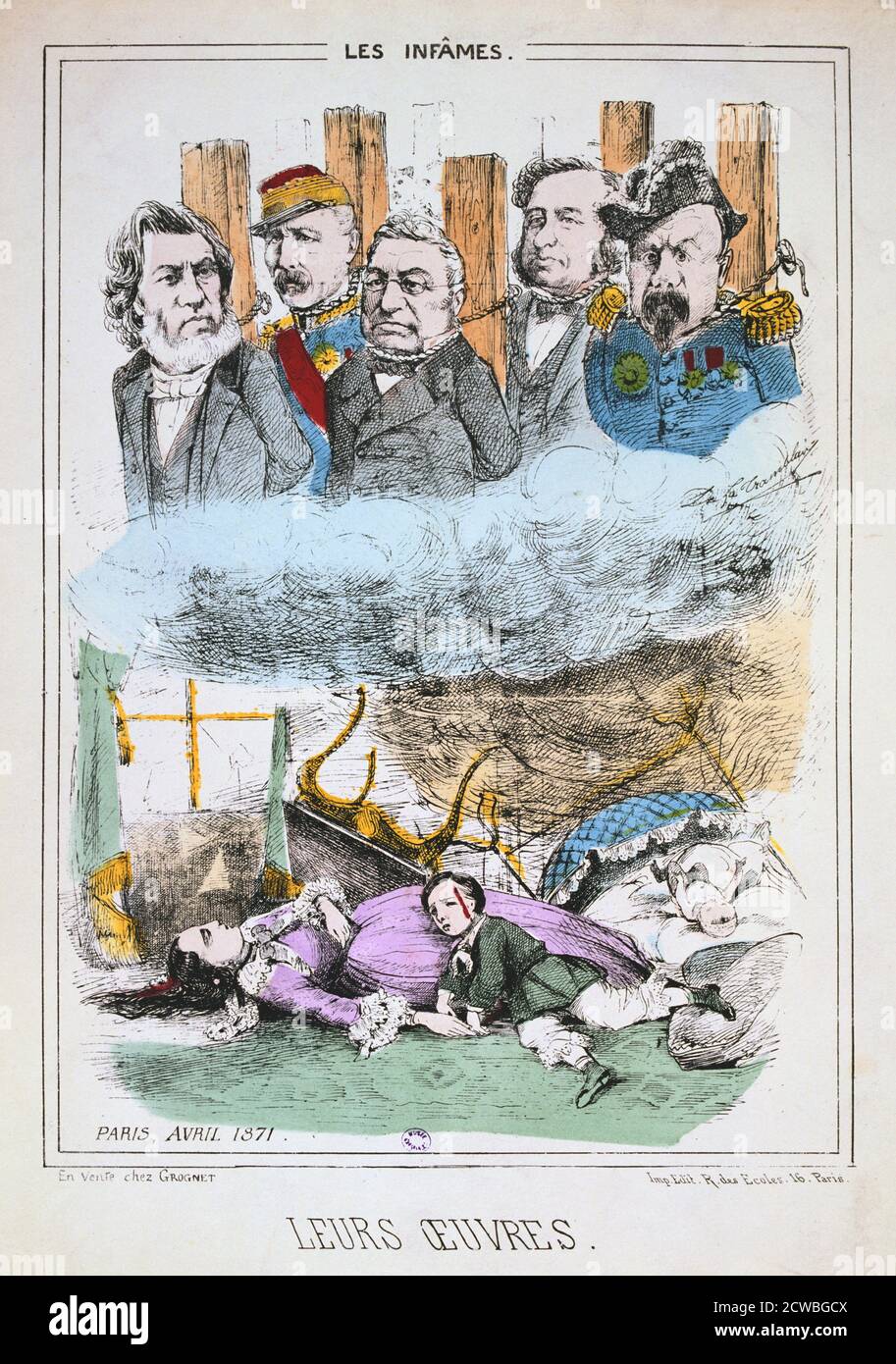 Les Infames', Paris Commune, April 1871. Anti-government cartoon portraying the leaders of the French government exiled to Versailles after the establishment of the Paris Commune being burnt at the stake for the crime of abandoning the bourgeois citizens of Paris to their fate at the hands of the left-wing Communards. From a private collection. Stock Photo