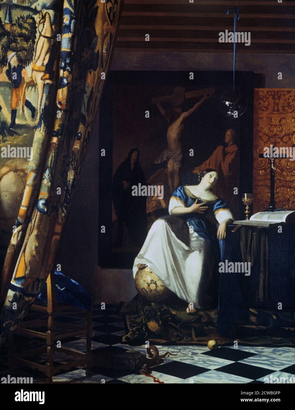 Allegory of the Faith' by Jan Vermeer, c1670. Vermeer's source derives from a standard handbook of iconography, Cesare Ripa's Iconologia. Vermeer interpreted Ripa's description of Faith with 'the world at her feet' literally, showing a Dutch globe published in 1618. The divine world is rendered as a glass sphere reflecting the room. The painting of the Crucifixion on the wall copies a work by Jacob Jordaens. Among the many Christological symbols, the most prominent are the apple, emblem of the first sin, and the serpent (Satan) crushed by a stone (Christ, the 'cornerstone' of the Church). Dati Stock Photo