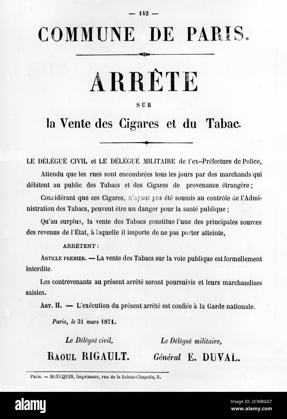 Arrete sur la Vente des Cigares et du Tabac, from French Political posters of the Paris Commune, May 1871. Stock Photo