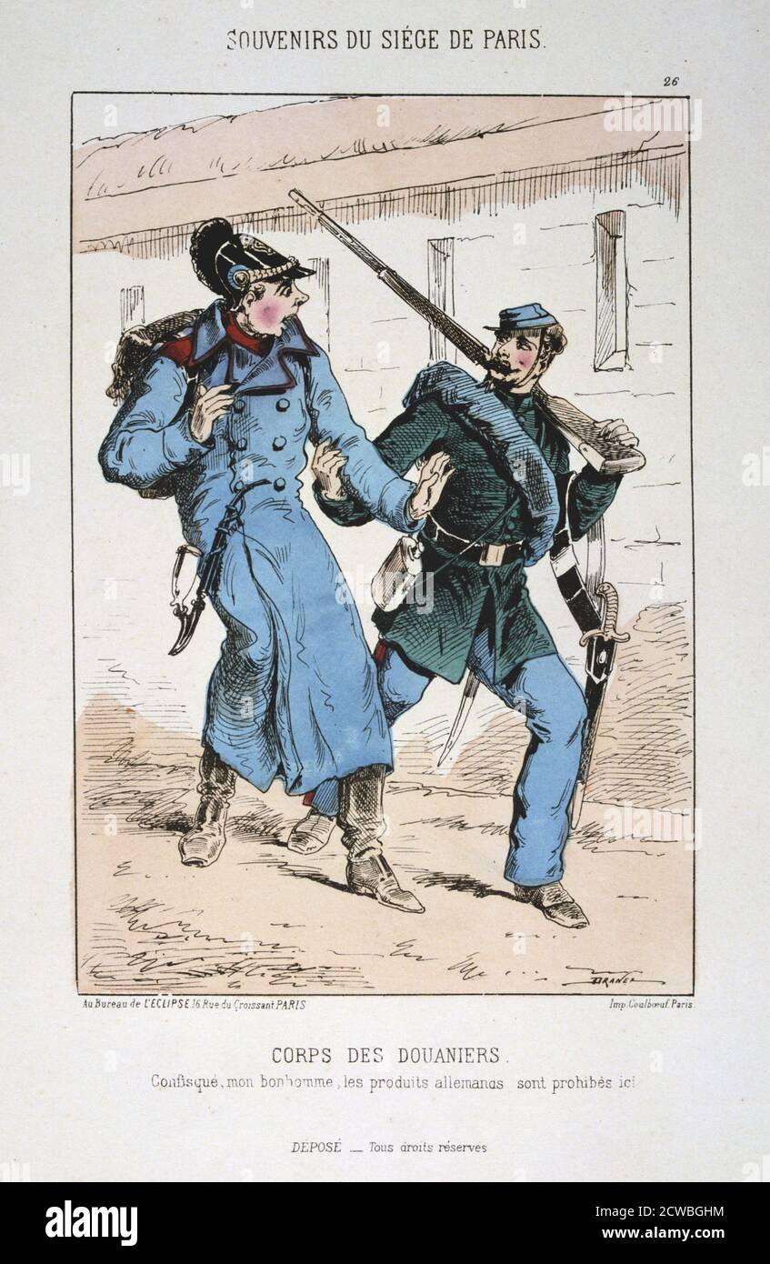 Corps des Douaniers', Siege of Paris' Franco-Prussian war, 1870-1871. A French soldier with a captured German. After the disastrous defeat of the French at Sedan and the capture of Napoleon III, the Prussians surrounded Paris on 9 September 1870. The city held out despite famine, disease and cold until a bombardment with heavy siege guns led to its surrender on 28 January 1871. Print from a series titled Souvenirs du Siege de Paris. From a private collection. Stock Photo