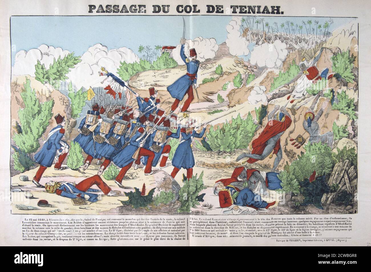 Passage du Col Teniah, conquest of Algeria, 12th May 1840, France 19th century. Colour Lithograph. Private collection. Stock Photo