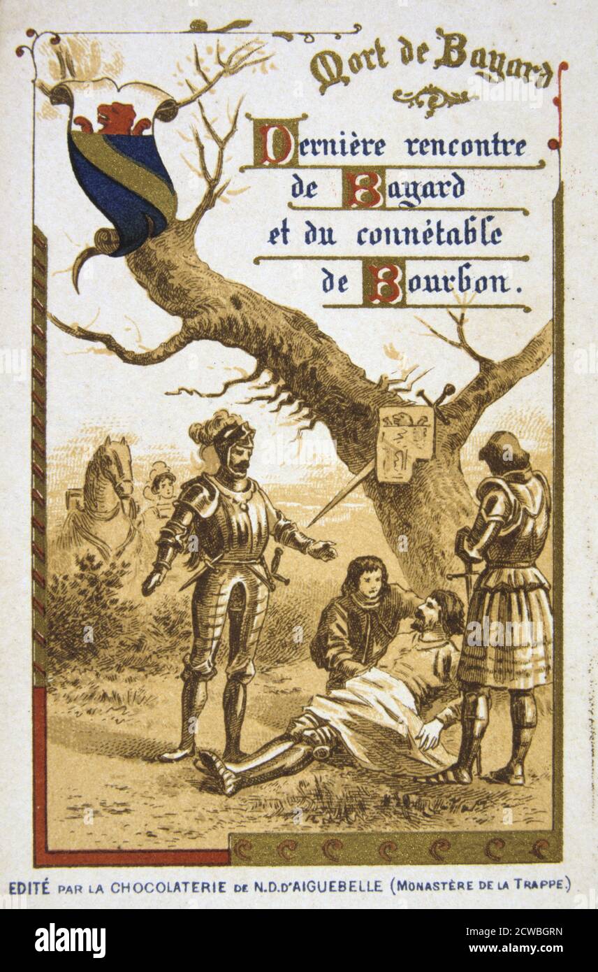 Scene from the life of Bertrand du Guesclin, (19th century). Death of Bayard. Last meeting of Bayard and the commander of the armies of Bourbon. French knight Pierre Terrail of Bayard (c1476-1524) known in legend as the chevalier sans peur et sans reproche (fearless and blameless knight), had such a reputation for bravery that incredible stories were told of him. Bertrand du Guesclin (c1320-1380) entered the service of Charles of Blois, duke of Brittany, fighting against the invading English. Du Guesclin won the throne of Castile and Leon for Henry, who became King Henry II. In 1370 Du Guescli Stock Photo