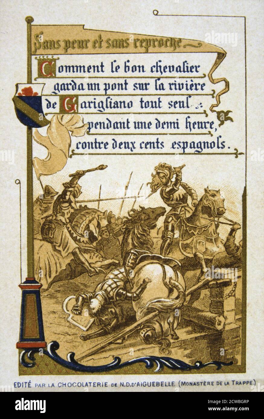 Scene from the life of Bertrand du Guesclin, (19th century). How the good knight Bayard protected a bridge on the river Garigliano by himself for half an hour against 200 Spaniards. French knight Pierre Terrail of Bayard (c1476-1524) known in legend as the chevalier sans peur et sans reproche (fearless and blameless knight), had such a reputation for bravery that incredible stories were told of him. Bertrand du Guesclin (c1320-1380) entered the service of Charles of Blois, duke of Brittany, fighting against the invading English. In 1370 Du Guesclin was made constable of France by Charles V, an Stock Photo