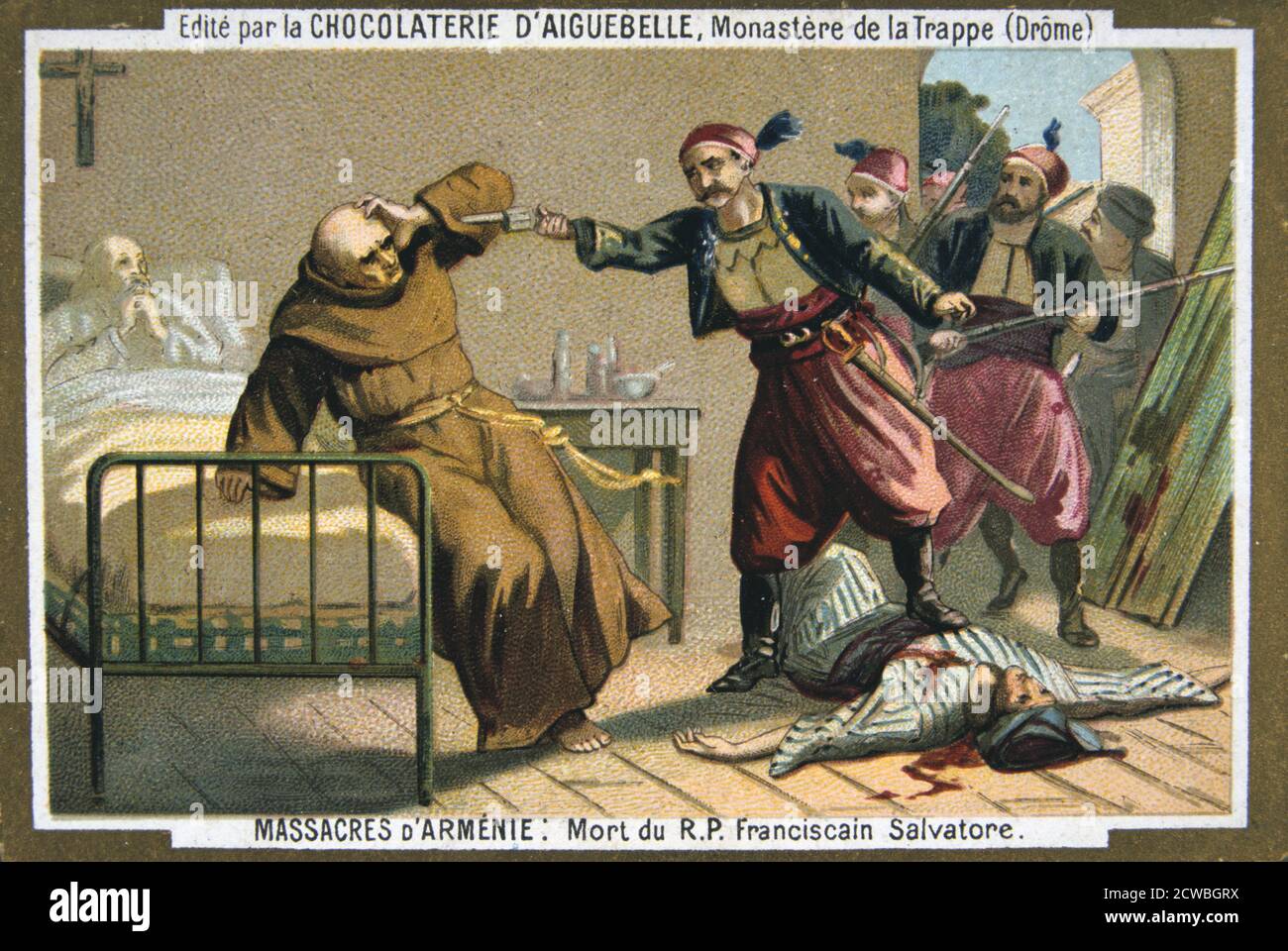 Death of the Reverend Father Salvatore, a Franciscan monk, 1895. Eurocentric portrayal of historical events - scene from the Massacres of Armenia card series produced by the chocolate factory at the Monastery of Aiguebelle. Stock Photo